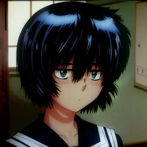 <lora:Urabe Mikoto:1>Mikoto Urabe, 1girl, solo, short hair,masterpiece, best quality,bob cut, messy hair,bangs,hair over one eye,green eyes,scissors,blue hair,school uniform,red bow,sailor collar,expressionless