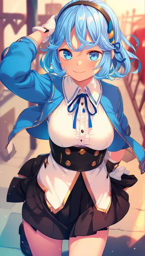 <lora:PONY_character_onabuta_ikuko:1>,onabuta_ikuko,1girl,breasts,solo,blue_eyes,blue_hair,shirt,medium_breasts,looking_at_viewer,hairband,skirt,black_skirt,ribbon,black_hairband,hair_ornament,gloves,blue_ribbon,smile,neck_ribbon,white_gloves,, score_9, score_8_up, score_7_up, score_6_up, score_5_up, score_4_up