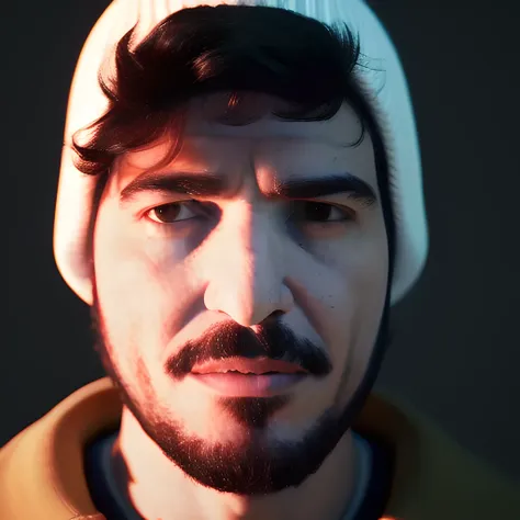 (MarceloMelim person), (MarceloMelim face details), (redshift style), 3d, render, (side camera angle), ears covered by thin beanie, realistic illumination, high details, high quality, metahuman