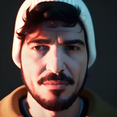 (MarceloMelim person), (MarceloMelim face details), (redshift style), 3d, render, (side camera angle), ears covered by thin beanie, realistic illumination, high details, high quality, metahuman