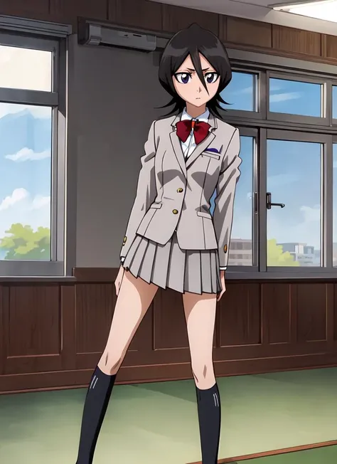 ((best quality)), ((highly detailed)), , (1girl), dynamic pose, upper body, <lora:RukiaV1:.9>, Rukia, black hair, short hair, hair between eyes, purple eyes, small breasts, school uniform, blazer, grey jacket, white collared shirt, red bowtie, grey pleated skirt, socks, shoes, (indoors, in a casino)