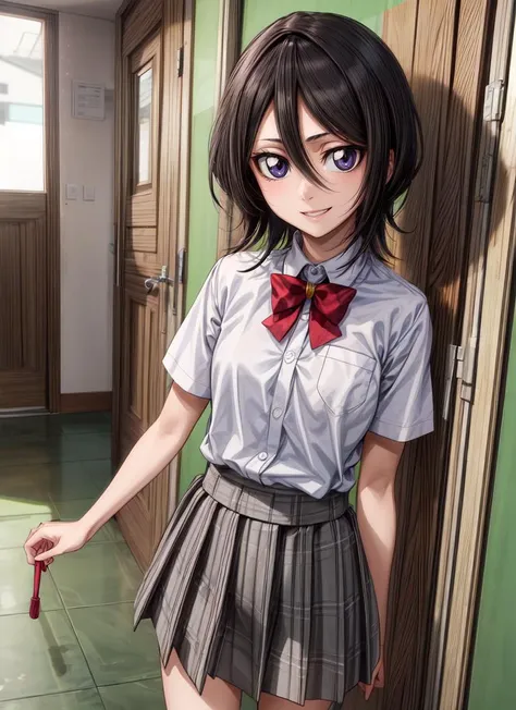 ((best quality)), ((highly detailed)), , <lora:more_details:.6>, (1girl), pov, <lora:hairdetailer:.5>, <lora:RukiaV1:.7>, Rukia, black hair, short hair, hair between eyes, purple eyes, small breasts, smiling, school uniform, white collared shirt, red bowtie, grey pleated skirt, socks, shoes, (inside, at an entryway)