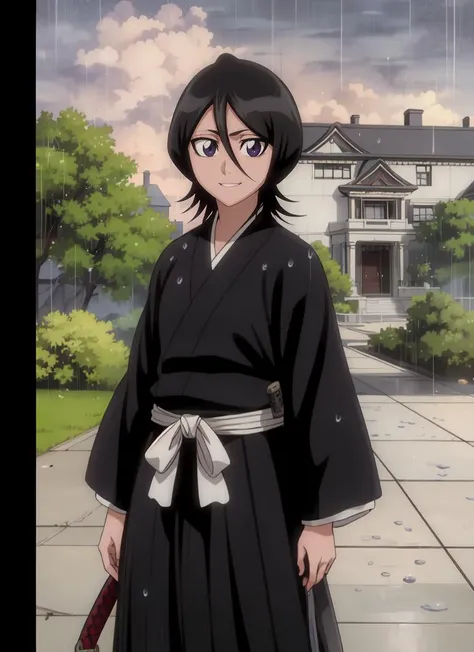 ((best quality)), ((highly detailed)), , (1girl), fisheye lense, cowboy shot, <lora:RukiaV1:.9>, Rukia, black hair, short hair, hair between eyes, purple eyes, small breasts, smiling, japanese clothes, (black kimono), long sleeves, katana, (outdoors, in a mansion, afternoon, rain)