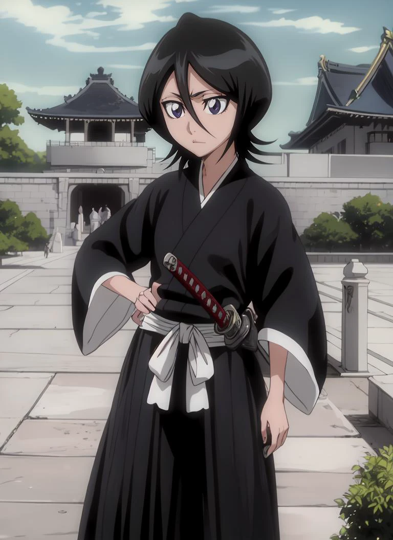 ((best quality)), ((highly detailed)), , (1girl), dynamic pose, cowboy shot, (((very wide shot))), <lora:RukiaV1:1>, Rukia, black hair, short hair, hair between eyes, purple eyes, small breasts, japanese clothes, (black kimono), long sleeves, katana, (outdoors, in a palace, midday, clear weather)