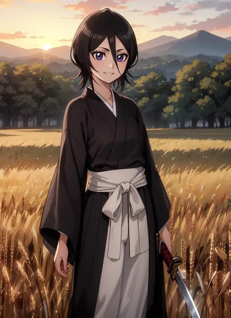 ((best quality)), ((highly detailed)), , (1girl), full body, <lora:RukiaV1:.6>, Rukia, black hair, short hair, hair between eyes, purple eyes, small breasts, smiling, japanese clothes, (black kimono), long sleeves, katana, (outdoors, in a wheat field, dawn, sunrise)