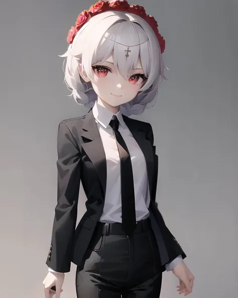<lora:rosy_bridesmaid_m6:1>, rosy bridesmaid, (masterpiece, top quality, best quality, official art, beautiful and aesthetic:1.1), extreme detailed, colorful, 1girl, standing, cowboy shot, looking at viewer, light smile, black jacket, black necktie, (black pants), collared shirt, grey shirt
