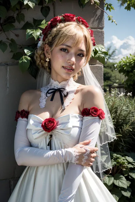 (realistic:1.3), finely detailed, quality, rembrandt lighting, (masterpiece:1.2), (photorealistic:1.2), (best quality), (detailed skin:1.3), (intricate details), dramatic, ray tracing, 1girl, japanese girl, 21 years old, detailed skin texture, (blush:0.5), (goosebumps:0.5), subsurface scattering, smiling, medium breasts, bangs, hair between eyes, blonde hair, (rosy bridesmaid, wedding dress:1.2), lace overlay, detached sleeves, roses, ribbon, bow, (bright sunny day, garden, sky, outdoors), <lora:rosy_bridesmaid_m6:1>
