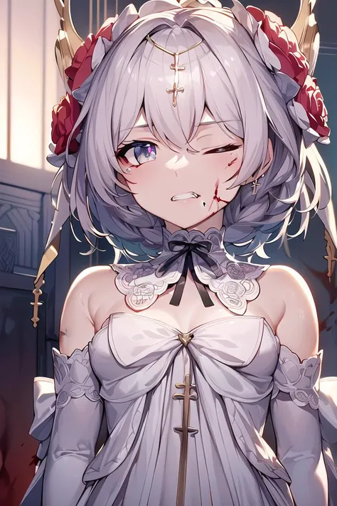 masterpiece,best quality,official art,extremely detailed CG unity 8k wallpaper, game_cg, highres,((illustration)),finely detailed,Stunning art,((intricate detail)), ((highly detailed skin)), (full body),(((beautiful detailed lighting))),beautiful detailed eyes, dynamic fuzziness,intricate light, detailed clothes,detailed eyes,dramatic shadows,dynamic hair, rosy bridesmaid, wedding dress,(bruise on the face),Injuries, scars, one monster, (blood stains),(blood), scowl, clenched teeth, one eye closed, fighting_stance, <lora:(Delisha)rosy_bridesmaid_m6:1>