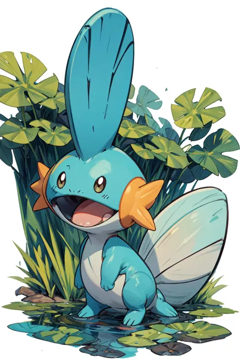 solo, full body, no humans, <lora:Mudkip_Pokemon:0.8> Mudkip_Pokemon, swamp, <lora:add_detail:0.7>,  <lora:tachi-e:1>, white background,