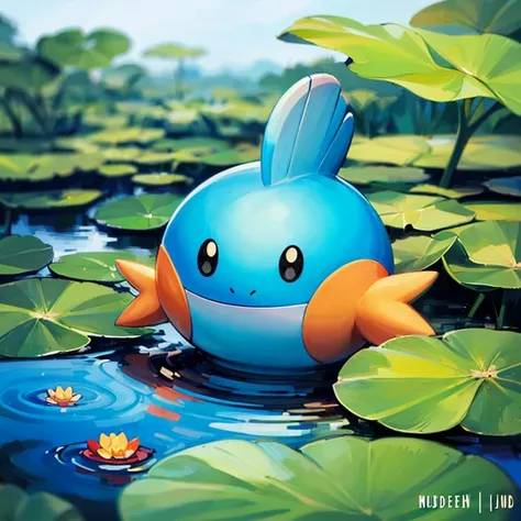 centered, award winning photo, (looking at viewer:1.2), | Mudkip_Pokemon,
| pond, lily pads,  | bokeh, depth of field, cinematic composition, |
<lora:Mudkip_Pokemon:0.7>