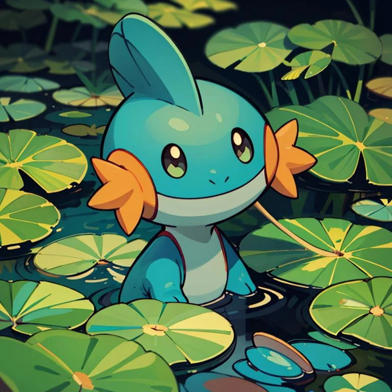 centered, award winning photo, (looking at viewer:1.2), | Mudkip_Pokemon, | pond, lily pads, | bokeh, depth of field, cinematic composition, | <lora:Mudkip_Pokemon:0.8>