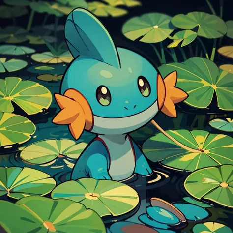 centered, award winning photo, (looking at viewer:1.2), | Mudkip_Pokemon, | pond, lily pads,  | bokeh, depth of field, cinematic composition, | <lora:Mudkip_Pokemon:0.8>