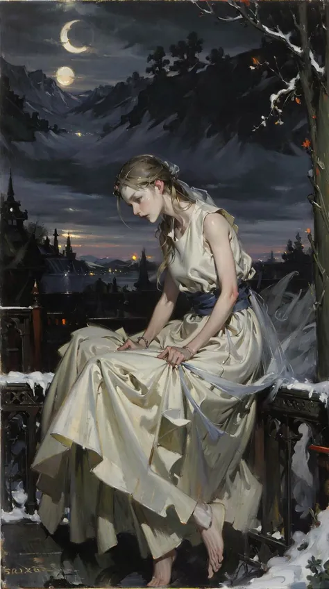 <lora:classic_oil_painting:0.4>,humble,a long skirt that covers the feet,dusk,(style of Jon Foster:0.2),(style of Alex Russell Flint:0.2),(style of Bob Eggleton:0.2),(style of Pino Daeni:0.2),BREAK (oil painting:1.2),(oil painting style),illustration,Fantasy Art,mystique,visual impact,incredible details,dead branches,night,sitting on the stone steps,dilapidated,dull,s-now,heavy snow,solo,<lora:Yorshka:0.8>,ice,jitome,a calm expression,