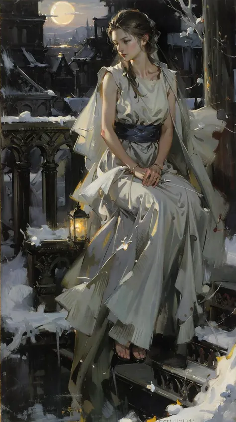 <lora:classic_oil_painting:0.4>,humble,a long skirt that covers the feet,dusk,(style of Jon Foster:0.2),(style of Alex Russell Flint:0.2),(style of Bob Eggleton:0.2),(style of Pino Daeni:0.2),BREAK (oil painting:1.2),(oil painting style),illustration,Fantasy Art,mystique,visual impact,incredible details,dead branches,night,sitting on the stone steps,dilapidated,dull,s-now,heavy snow,solo,<lora:Yorshka:0.8>,ice,jitome,a calm expression,