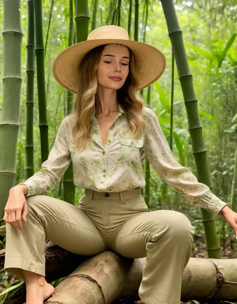 In the heart of a lush Amazon rainforest canopy, Sofia donned eco-friendly attire - a bamboo fiber blouse paired with recycled cotton trousers adorned with subtle flora prints and a wide-brimmed straw hat that shielded her from the dappled light, as she captivatingly balanced on one foot atop an ancient tree root harmonizing with the symphony of forest sounds. <lora:njywtl18f1c11aba7t7:1>
