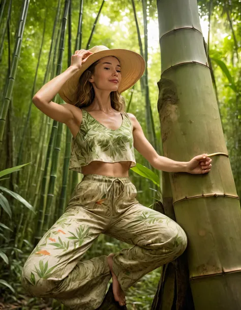 In the heart of a lush Amazon rainforest canopy, where sunlight dapples through an entrancing tapestry of leaves and the air hums with the vibrancy of wildlife, an adventurous-looking woman named Sofia stands amidst this natural wonder in eco-friendly attireâa bamboo fiber blouse paired with recycled cotton trousers adorned with subtle flora prints and a wide-brimmed straw hat that shields her from the dappled light, as she captivatingly balances on one foot atop an ancient tree root, holding aloft a handcrafted bamboo flute to harmonize with the symphony of forest sounds. <lora:njywtl18f1c11aba7t7:1>