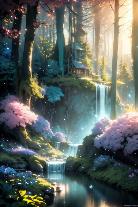 ( detailed realistic background:1),
( official art, beautiful and aesthetic:1 ),
realistic lighting,
cinematic lighting,
hyperrealism,
soothing tones,
muted colors,
high contrast,
soft light,
sharp,
artistic photoshoot,
<lora:FeyAndFairies-11:0.8>FeyFa, , forest, trees, middle, path, waterfall, through, background, stream, flowers, lights, running, in the foreground stands a fairy in front of her fairy house, light