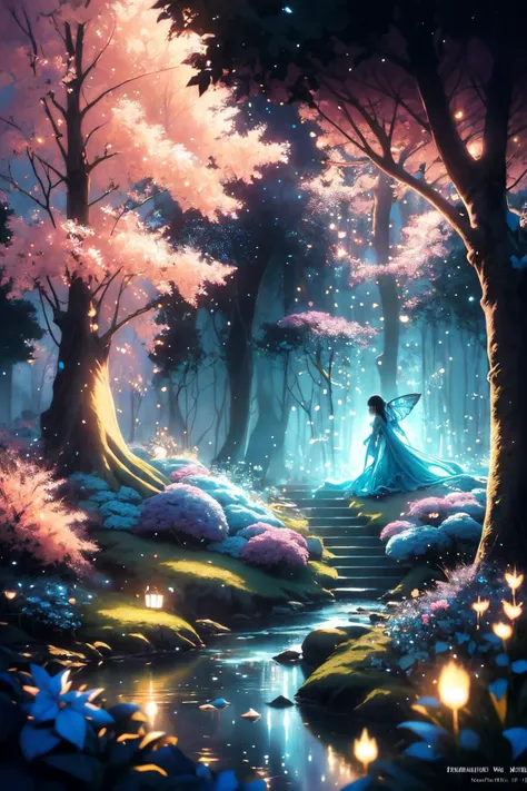 ( detailed realistic background:1),
( official art, beautiful and aesthetic:1 ),
realistic lighting,
cinematic lighting,
hyperrealism,
soothing tones,
muted colors,
high contrast,
soft light,
sharp,
artistic photoshoot,
<lora:FeyAndFairies-11:0.8>FeyFa, , forest, trees, middle, path, waterfall, through, background, stream, flowers, lights, running, in the foreground stands a fairy in front of her fairy house, light,( cute, ite ),
slender,
european,
pale cheeks,
square face shape with angular jaw,
natural "no-makeup" makeup,
big breasts,
,
ginger hair ,
crown braid  ,wearing a see-through gossamer fairy short dress,
night time, darkness,