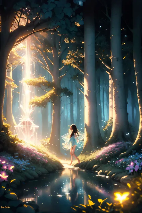 ( detailed realistic background:1),
( official art, beautiful and aesthetic:1 ),
realistic lighting,
cinematic lighting,
hyperrealism,
soothing tones,
muted colors,
high contrast,
soft light,
sharp,
artistic photoshoot,
<lora:FeyAndFairies-11:0.8>FeyFa, , forest, trees, middle, path, waterfall, through, background, stream, flowers, lights, running, in the foreground stands a fairy in front of her fairy house, light,( cute, petite ),
slender,
european,
pale cheeks,
square face shape with angular jaw,
natural "no-makeup" makeup,
big breasts,
,
brunette hair ,
soft beach waves hair ,wearing a see-through gossamer fairy short dress,
night time, darkness,