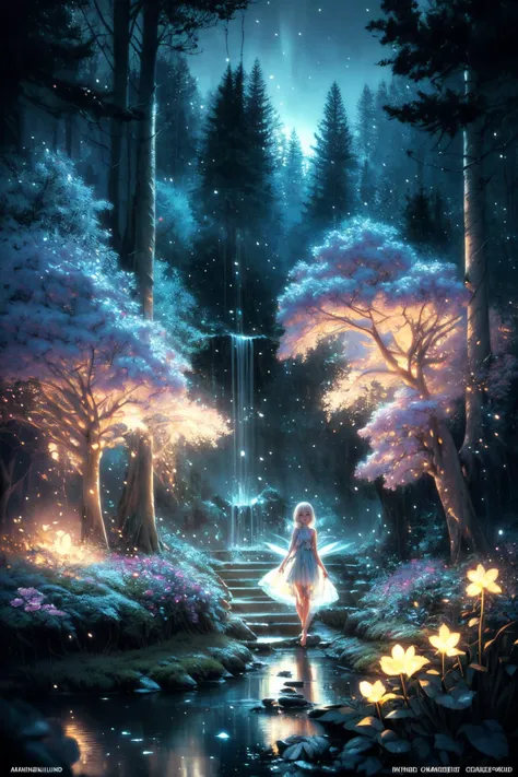 ( detailed realistic background:1),
( official art, beautiful and aesthetic:1 ),
realistic lighting,
cinematic lighting,
hyperrealism,
soothing tones,
muted colors,
high contrast,
soft light,
sharp,
artistic photoshoot,
<lora:FeyAndFairies-11:0.8>FeyFa, , forest, trees, middle, path, waterfall, through, background, stream, flowers, lights, running, in the foreground stands a fairy in front of her fairy house, light,( cute, ite ),
slender,
european,
pale cheeks,
square face shape with angular jaw,
natural "no-makeup" makeup,
big breasts,
,
platinum blonde hair ,
crown braid ,wearing a see-through gossamer fairy short dress,
night time, darkness,<lora:more_details:0.8> ,