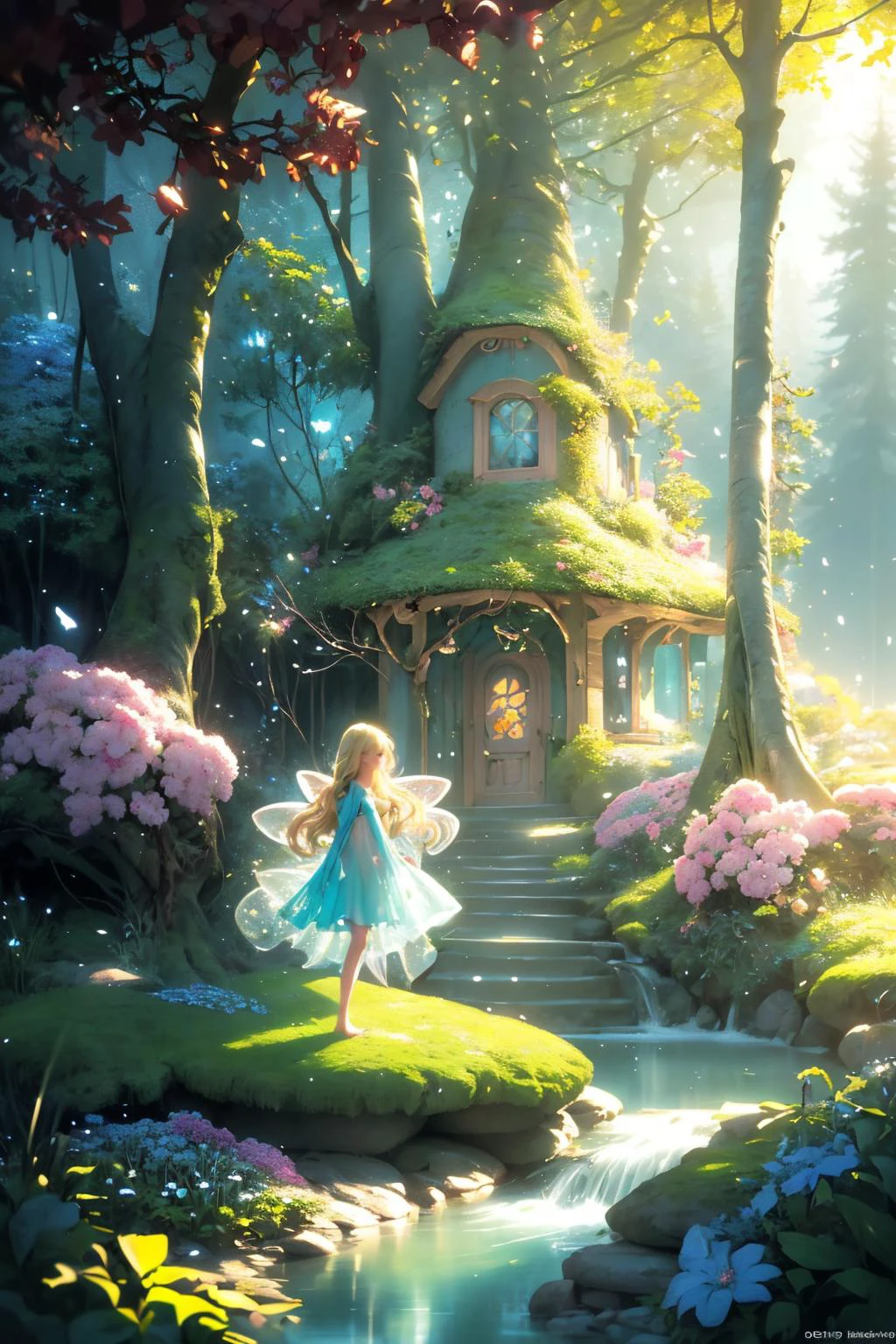 ( detailed realistic background:1),
( official art, beautiful and aesthetic:1 ),
realistic lighting,
cinematic lighting,
hyperrealism,
soothing tones,
muted colors,
high contrast,
soft light,
sharp,
artistic photoshoot,
<lora:FeyAndFairies-11:0.8>FeyFa, , forest, trees, middle, path, waterfall, through, background, stream, flowers, lights, running, in the foreground stands a fairy in front of her fairy house, light,( cute, ite ),
slender,
european,
pale cheeks,
square face shape with angular jaw,
natural "no-makeup" makeup,
big breasts,
,
blonde hair ,
wavy bob hair ,wearing a see-through gossamer fairy short dress,