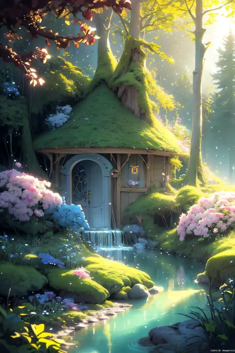 ( detailed realistic background:1),
( official art, beautiful and aesthetic:1 ),
realistic lighting,
cinematic lighting,
hyperrealism,
soothing tones,
muted colors,
high contrast,
soft light,
sharp,
artistic photoshoot,
<lora:FeyAndFairies-11:0.8>FeyFa, , forest, trees, middle, path, waterfall, through, background, stream, flowers, lights, running, in the foreground stands a fairy in front of her fairy house, light,( cute, petite ),
slender,
european,
pale cheeks,
square face shape with angular jaw,
natural "no-makeup" makeup,
big breasts,
,
blonde hair ,
wavy bob hair ,