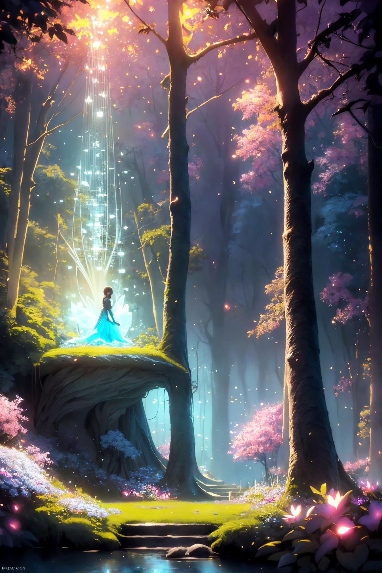 ( detailed realistic background:1),
( official art, beautiful and aesthetic:1 ),
realistic lighting,
cinematic lighting,
hyperrealism,
soothing tones,
muted colors,
high contrast,
soft light,
sharp,
artistic photoshoot,
<lora:FeyAndFairies-11:0.8>FeyFa, , forest, trees, middle, path, waterfall, through, background, stream, flowers, lights, running, in the foreground stands a fairy in front of her fairy house, light,( cute, ite ),
slender,
european,
pale cheeks,
square face shape with angular jaw,
natural "no-makeup" makeup,
big breasts,
,
brunette hair ,
crown braid ,wearing a see-through gossamer fairy short dress,
night time, darkness,