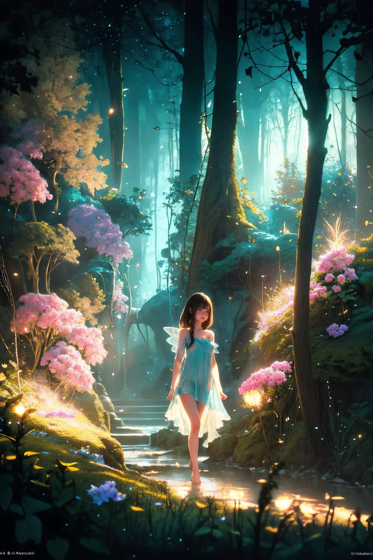 ( detailed realistic background:1),
( official art, beautiful and aesthetic:1 ),
realistic lighting,
cinematic lighting,
hyperrealism,
soothing tones,
muted colors,
high contrast,
soft light,
sharp,
artistic photoshoot,
<lora:FeyAndFairies-11:0.8>FeyFa, , forest, trees, middle, path, waterfall, through, background, stream, flowers, lights, running, in the foreground stands a fairy in front of her fairy house, light,( cute, petite ),
slender,
european,
pale cheeks,
square face shape with angular jaw,
natural "no-makeup" makeup,
big breasts,
,
brunette hair ,
loose ringlets hair ,wearing a see-through gossamer fairy short dress,
night time, darkness, Full Body closeup