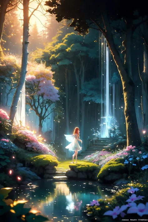 ( detailed realistic background:1),
( official art, beautiful and aesthetic:1 ),
realistic lighting,
cinematic lighting,
hyperrealism,
soothing tones,
muted colors,
high contrast,
soft light,
sharp,
artistic photoshoot,
<lora:FeyAndFairies-11:0.8>FeyFa, , forest, trees, middle, path, waterfall, through, background, stream, flowers, lights, running, in the foreground stands a fairy in front of her fairy house, light,( cute, petite ),
slender,
european,
pale cheeks,
square face shape with angular jaw,
natural "no-makeup" makeup,
big breasts,
,
ginger hair ,
asymmetric cut hair ,wearing a see-through gossamer fairy short dress,
night time, darkness,