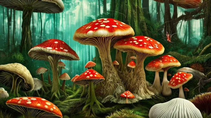 Enchanting Fly Agaric Mushrooms Soaring Through The Forest A Captivating 3d Illustration Background <lora:FeyAndFairies-10:1>