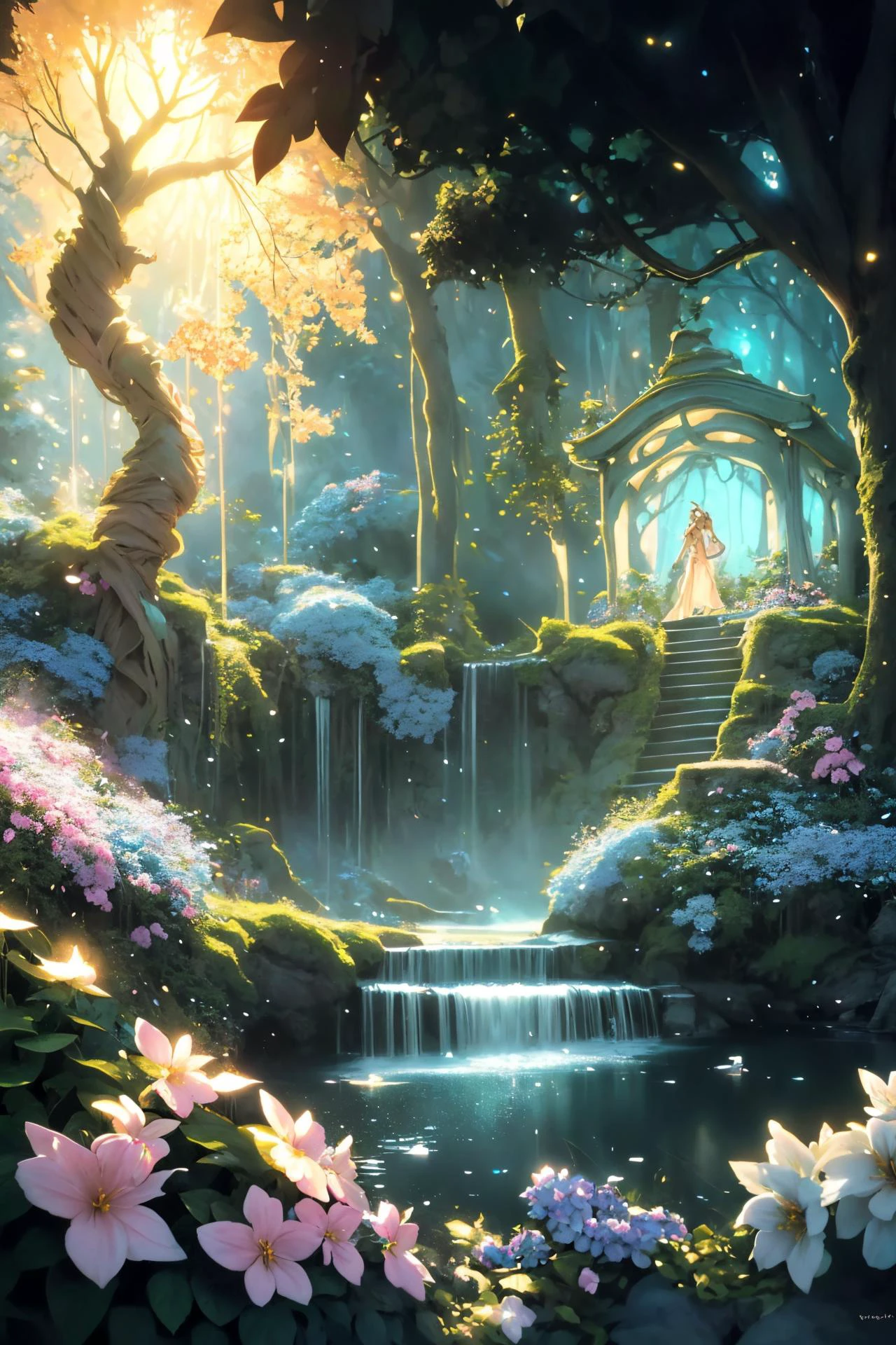 ( detailed realistic background:1),
( official art, beautiful and aesthetic:1 ),
realistic lighting,
cinematic lighting,
hyperrealism,
soothing tones,
muted colors,
high contrast,
soft light,
sharp,
artistic photoshoot,
<lora:FeyAndFairies-11:0.8>FeyFa, , forest, trees, middle, path, waterfall, through, background, stream, flowers, lights, running, in the foreground stands a fairy in front of her fairy house, light,( cute, ite ),
slender,
european,
pale cheeks,
square face shape with angular jaw,
natural "no-makeup" makeup,
big breasts,
,
blonde hair ,
crown braid ,wearing a see-through gossamer fairy short dress,
night time, darkness,