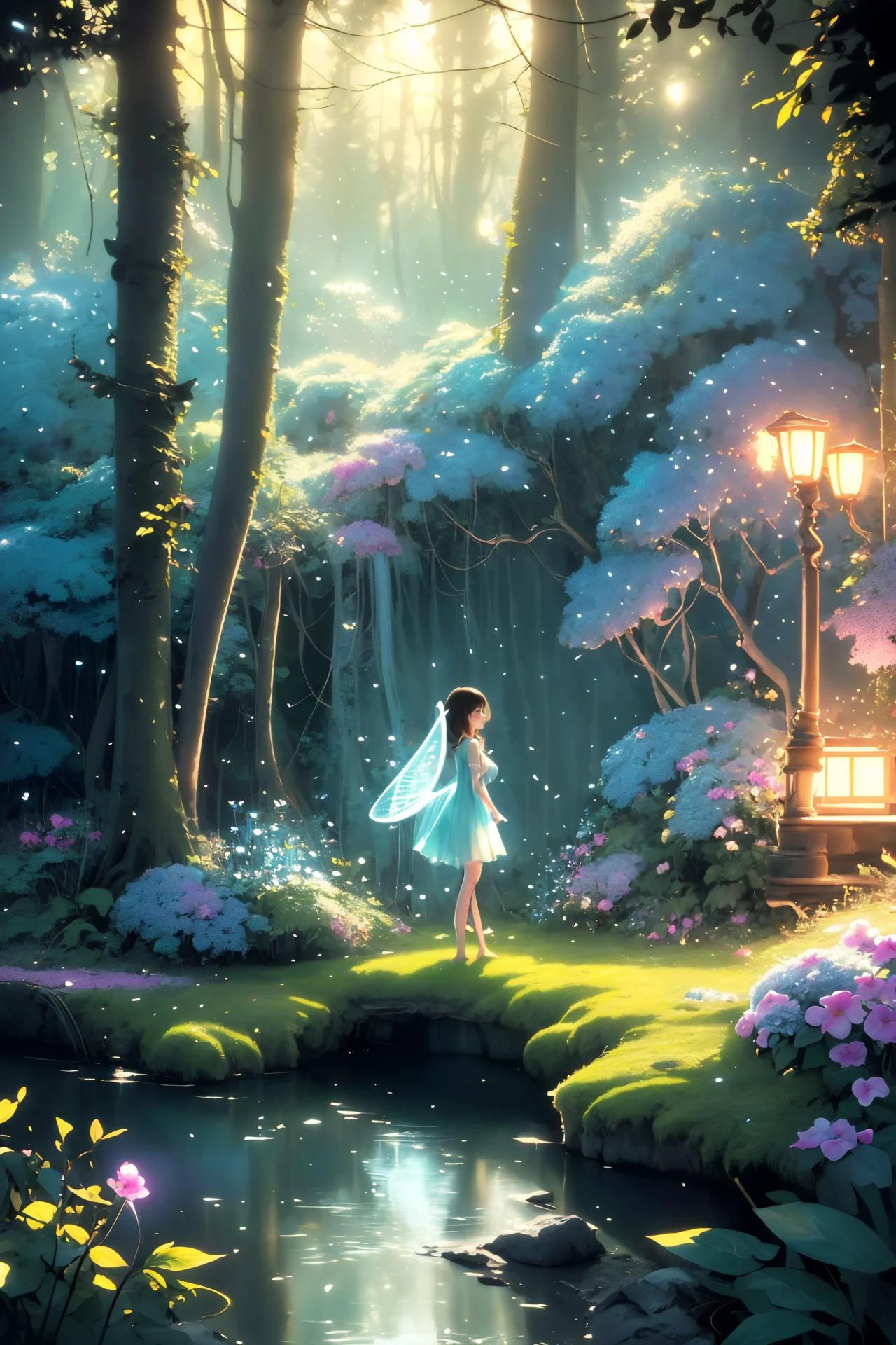 ( detailed realistic background:1),
( official art, beautiful and aesthetic:1 ),
realistic lighting,
cinematic lighting,
hyperrealism,
soothing tones,
muted colors,
high contrast,
soft light,
sharp,
artistic photoshoot,
<lora:FeyAndFairies-11:0.8>FeyFa, , forest, trees, middle, path, waterfall, through, background, stream, flowers, lights, running, in the foreground stands a fairy in front of her fairy house, light,( cute, petite ),
slender,
european,
pale cheeks,
square face shape with angular jaw,
natural "no-makeup" makeup,
big breasts,
,
brunette hair ,
subtle waves hair ,wearing a see-through gossamer fairy short dress,
night time, darkness,