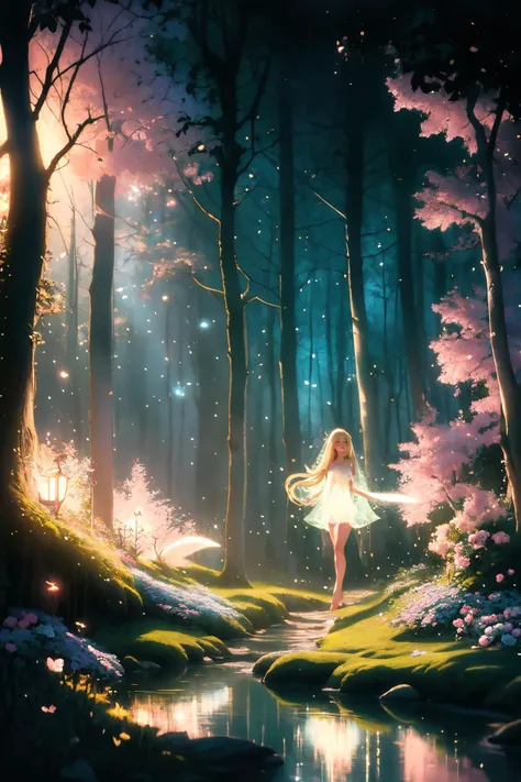 ( detailed realistic background:1),
( official art, beautiful and aesthetic:1 ),
realistic lighting,
cinematic lighting,
hyperrealism,
soothing tones,
muted colors,
high contrast,
soft light,
sharp,
artistic photoshoot,
<lora:FeyAndFairies-11:0.8>FeyFa, , forest, trees, middle, path, waterfall, through, background, stream, flowers, lights, running, in the foreground stands a fairy in front of her fairy house, light,( cute, ite ),
slender,
european,
pale cheeks,
square face shape with angular jaw,
natural "no-makeup" makeup,
big breasts,
,
blonde hair ,
shag hair ,wearing a see-through gossamer fairy short dress,
night time, darkness,