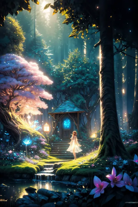 ( detailed realistic background:1),
( official art, beautiful and aesthetic:1 ),
realistic lighting,
cinematic lighting,
hyperrealism,
soothing tones,
muted colors,
high contrast,
soft light,
sharp,
artistic photoshoot,
<lora:FeyAndFairies-11:0.8>FeyFa, , forest, trees, middle, path, waterfall, through, background, stream, flowers, lights, running, in the foreground stands a fairy in front of her fairy house, light,( cute, ite ),
slender,
european,
pale cheeks,
square face shape with angular jaw,
natural "no-makeup" makeup,
big breasts,
,
ginger hair ,
crown braid ,wearing a see-through gossamer fairy short dress,
night time, darkness,<lora:more_details:0.8> ,
