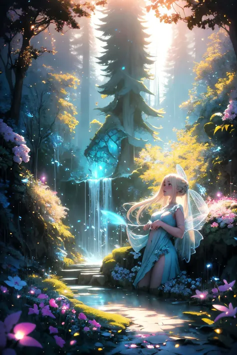 ( detailed realistic background:1),
( official art, beautiful and aesthetic:1 ),
realistic lighting,
cinematic lighting,
hyperrealism,
soothing tones,
muted colors,
high contrast,
soft light,
sharp,
artistic photoshoot,
<lora:FeyAndFairies-11:0.8>FeyFa, , forest, trees, middle, path, waterfall, through, background, stream, flowers, lights, running, in the foreground stands a fairy in front of her fairy house, light,( cute, petite ),
slender,
european,
pale cheeks,
square face shape with angular jaw,
natural "no-makeup" makeup,
big breasts,
,
platinum blonde hair ,
lattice braid hairstyle  ,wearing a see-through gossamer fairy short dress,
night time, darkness,