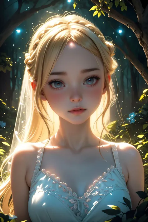 ( detailed realistic background:1),
( official art, beautiful and aesthetic:1 ),
realistic lighting,
cinematic lighting,
hyperrealism,
soothing tones,
muted colors,
high contrast,
soft light,
sharp,
artistic photoshoot,
<lora:FeyAndFairies-11:0.8>FeyFa, , forest, trees, middle, path, waterfall, through, background, stream, flowers, lights, running, in the foreground stands a fairy in front of her fairy house, light,( cute, ite ),
slender,
european,
pale cheeks,
square face shape with angular jaw,
natural "no-makeup" makeup,
big breasts,
,
blonde hair ,
crown braid ,wearing a see-through gossamer fairy short dress,
night time, darkness, (closeup portrait photo:1.4)