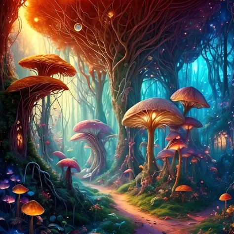 (masterpiece:1.2), (best quality,:1.2), 8k, HDR, ultra detailed, ((photorealistic)), professional light, cinematic lighting, fashion photography, ambient lighting, <lora:detail_slider_v4:2>, a magical fairy mushroom ring in a fantasy forest, godrays, feyfa, <lora:FeyAndFairies-10:1>, style-sylvamagic, epiCPhoto