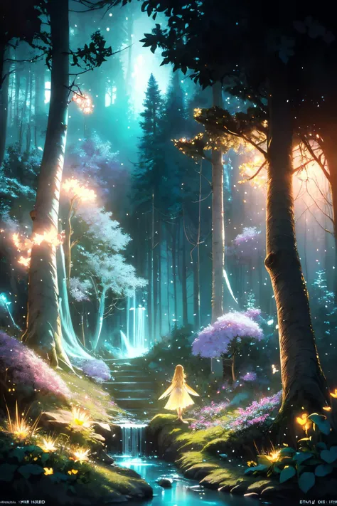 ( detailed realistic background:1),
( official art, beautiful and aesthetic:1 ),
realistic lighting,
cinematic lighting,
hyperrealism,
soothing tones,
muted colors,
high contrast,
soft light,
sharp,
artistic photoshoot,
<lora:FeyAndFairies-11:0.8>FeyFa, , forest, trees, middle, path, waterfall, through, background, stream, flowers, lights, running, in the foreground stands a fairy in front of her fairy house, light,( cute, ite ),
slender,
european,
pale cheeks,
square face shape with angular jaw,
natural "no-makeup" makeup,
big breasts,
,
blonde hair ,
pixie  ,wearing a see-through gossamer fairy short dress,
night time, darkness,