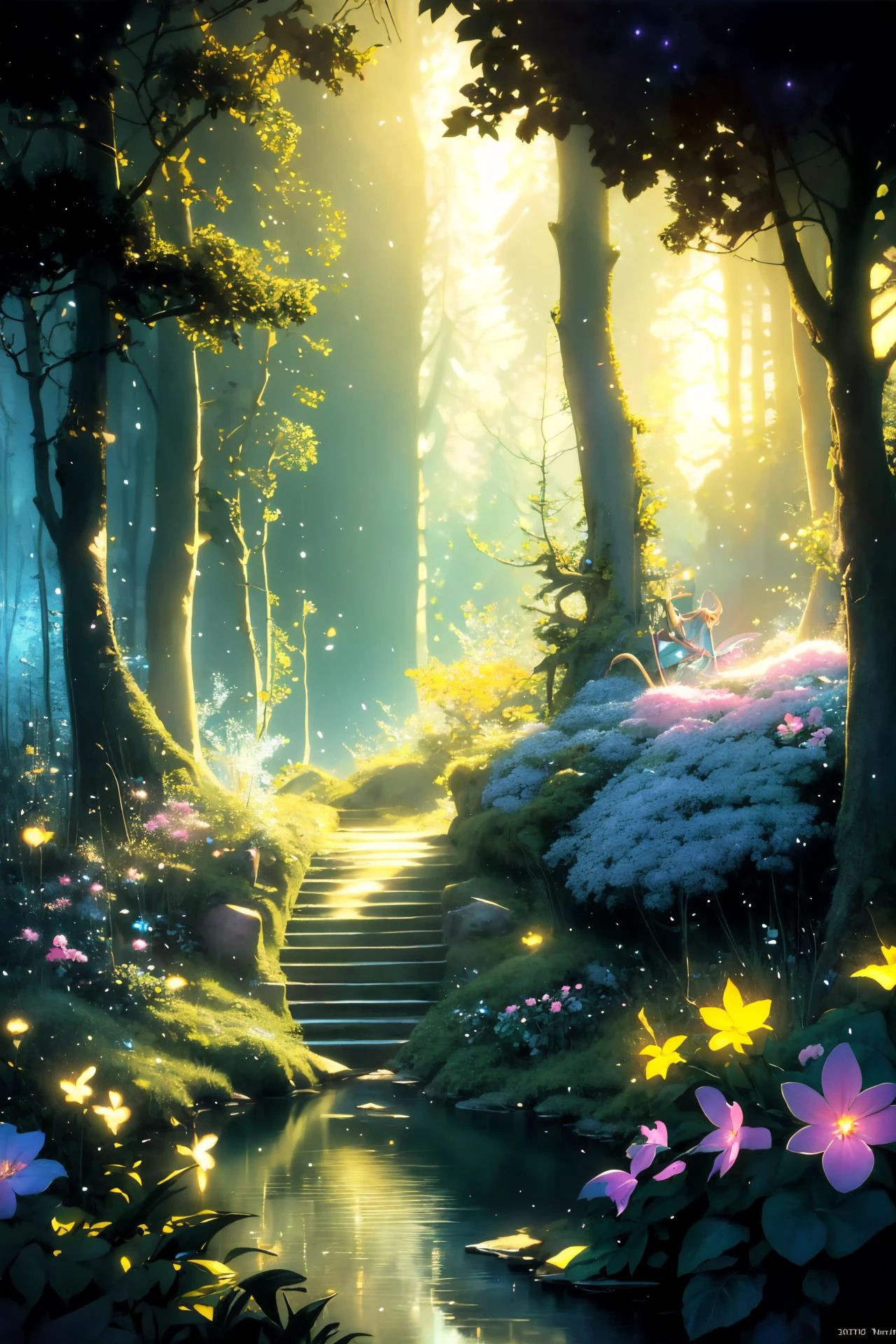 ( detailed realistic background:1),
( official art, beautiful and aesthetic:1 ),
realistic lighting,
cinematic lighting,
hyperrealism,
soothing tones,
muted colors,
high contrast,
soft light,
sharp,
artistic photoshoot,
<lora:FeyAndFairies-11:0.8>FeyFa, , forest, trees, middle, path, waterfall, through, background, stream, flowers, lights, running, in the foreground stands a fairy in front of her fairy house, light,( cute, ite ),
slender,
european,
pale cheeks,
square face shape with angular jaw,
natural "no-makeup" makeup,
big breasts,
,
blonde hair ,
sleek and straight hair ,wearing a see-through gossamer fairy short dress,
night time, darkness,