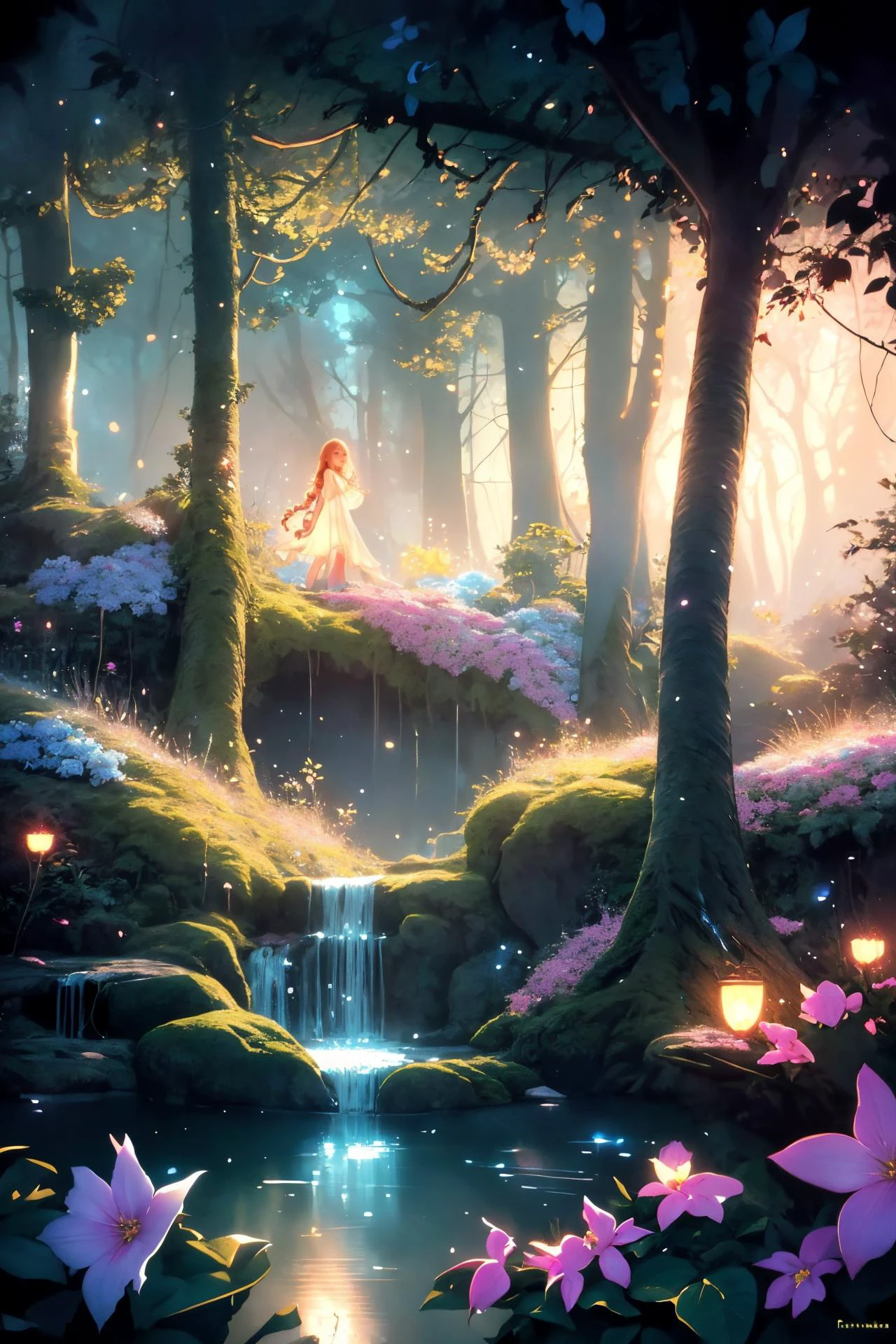 ( detailed realistic background:1),
( official art, beautiful and aesthetic:1 ),
realistic lighting,
cinematic lighting,
hyperrealism,
soothing tones,
muted colors,
high contrast,
soft light,
sharp,
artistic photoshoot,
<lora:FeyAndFairies-11:0.8>FeyFa, , forest, trees, middle, path, waterfall, through, background, stream, flowers, lights, running, in the foreground stands a fairy in front of her fairy house, light,( cute, ite ),
slender,
european,
pale cheeks,
square face shape with angular jaw,
natural "no-makeup" makeup,
big breasts,
,
ginger hair ,
ladder braid hairstyle ,wearing a see-through gossamer fairy short dress,
night time, darkness,