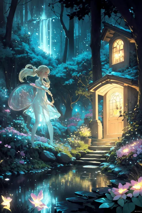 ( detailed realistic background:1),
( official art, beautiful and aesthetic:1 ),
realistic lighting,
cinematic lighting,
hyperrealism,
soothing tones,
muted colors,
high contrast,
soft light,
sharp,
artistic photoshoot,
<lora:FeyAndFairies-11:0.8>FeyFa, , forest, trees, middle, path, waterfall, through, background, stream, flowers, lights, running, in the foreground stands a fairy in front of her fairy house, light,( cute, ite ),
slender,
european,
pale cheeks,
square face shape with angular jaw,
natural "no-makeup" makeup,
big breasts,
,
platinum blonde hair ,
crown braid hairstyle ,wearing a see-through gossamer fairy short dress,
night time, darkness,