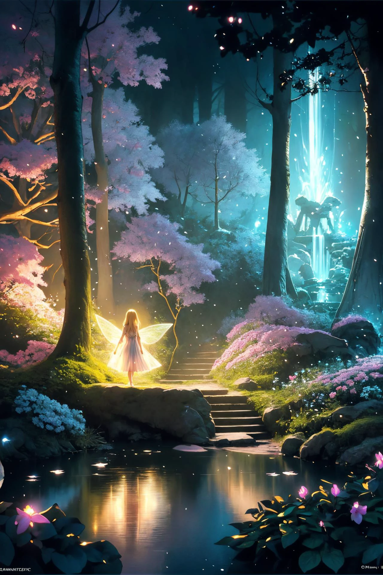 ( detailed realistic background:1),
( official art, beautiful and aesthetic:1 ),
realistic lighting,
cinematic lighting,
hyperrealism,
soothing tones,
muted colors,
high contrast,
soft light,
sharp,
artistic photoshoot,
<lora:FeyAndFairies-11:0.8>FeyFa, , forest, trees, middle, path, waterfall, through, background, stream, flowers, lights, running, in the foreground stands a fairy in front of her fairy house, light,( cute, ite ),
slender,
european,
pale cheeks,
square face shape with angular jaw,
natural "no-makeup" makeup,
big breasts,
,
blonde hair ,
v-cut ,wearing a see-through gossamer fairy short dress,
night time, darkness,