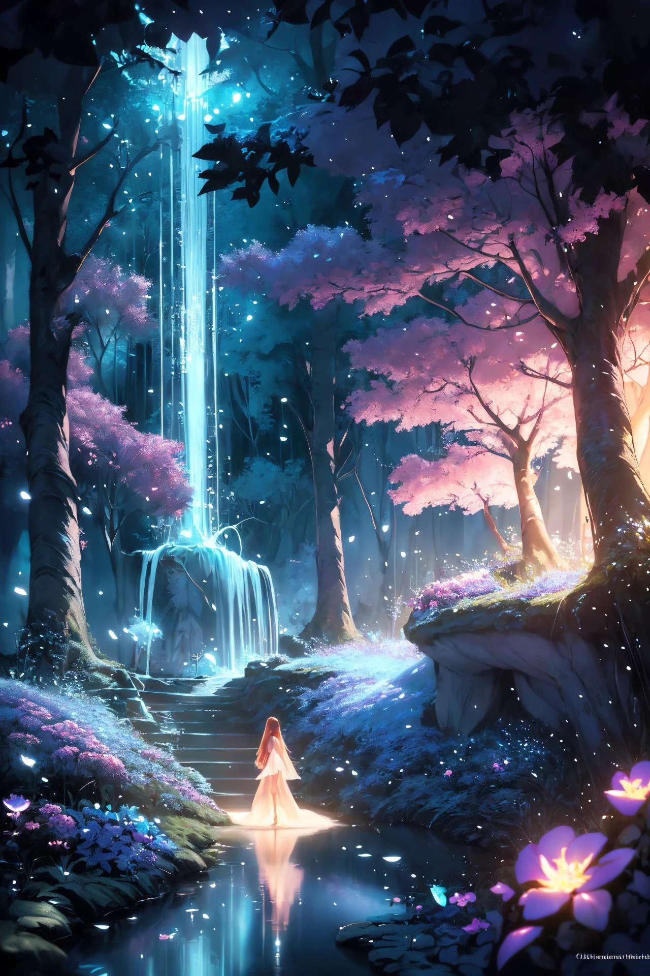 ( detailed realistic background:1),
( official art, beautiful and aesthetic:1 ),
realistic lighting,
cinematic lighting,
hyperrealism,
soothing tones,
muted colors,
high contrast,
soft light,
sharp,
artistic photoshoot,
<lora:FeyAndFairies-11:0.8>FeyFa, , forest, trees, middle, path, waterfall, through, background, stream, flowers, lights, running, in the foreground stands a fairy in front of her fairy house, light,( cute, petite ),
slender,
european,
pale cheeks,
square face shape with angular jaw,
natural "no-makeup" makeup,
big breasts,
,
ginger hair ,
voluminous straight hair ,wearing a see-through gossamer fairy short dress,
night time, darkness,