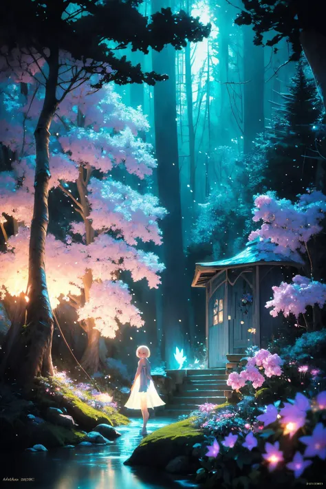 ( detailed realistic background:1),
( official art, beautiful and aesthetic:1 ),
realistic lighting,
cinematic lighting,
hyperrealism,
soothing tones,
muted colors,
high contrast,
soft light,
sharp,
artistic photoshoot,
<lora:FeyAndFairies-11:0.8>FeyFa, , forest, trees, middle, path, waterfall, through, background, stream, flowers, lights, running, in the foreground stands a fairy in front of her fairy house, light,( cute, petite ),
slender,
european,
pale cheeks,
square face shape with angular jaw,
natural "no-makeup" makeup,
big breasts,
,
platinum blonde hair ,
pixie cut hair ,wearing a see-through gossamer fairy short dress,
night time, darkness,