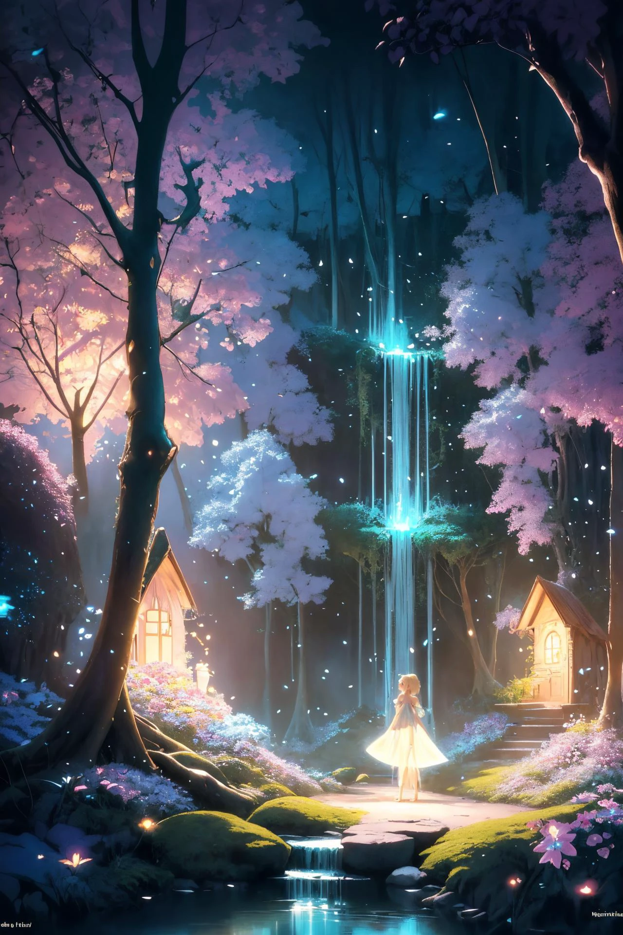 ( detailed realistic background:1),
( official art, beautiful and aesthetic:1 ),
realistic lighting,
cinematic lighting,
hyperrealism,
soothing tones,
muted colors,
high contrast,
soft light,
sharp,
artistic photoshoot,
<lora:FeyAndFairies-11:0.8>FeyFa, , forest, trees, middle, path, waterfall, through, background, stream, flowers, lights, running, in the foreground stands a fairy in front of her fairy house, light,( cute, ite ),
slender,
european,
pale cheeks,
square face shape with angular jaw,
natural "no-makeup" makeup,
big breasts,
,
blonde hair ,
crown braid ,wearing a see-through gossamer fairy short dress,
night time, darkness,