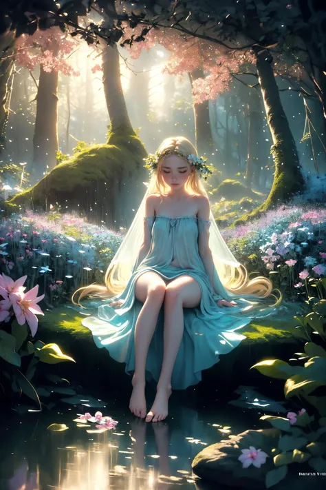 ( detailed realistic background:1),
( official art, beautiful and aesthetic:1 ),
realistic lighting,
cinematic lighting,
hyperrealism,
soothing tones,
muted colors,
high contrast,
soft light,
sharp,
artistic photoshoot,
<lora:FeyAndFairies-11:0.8>FeyFa, , forest, trees, middle, path, waterfall, through, background, stream, flowers, lights, running, in the foreground stands a fairy in front of her fairy house, light,( cute, ite ),
slender,
european,
pale cheeks,
square face shape with angular jaw,
natural "no-makeup" makeup,
big breasts,
,
blonde hair ,
crown braid ,wearing a see-through gossamer fairy short dress,
night time, darkness, (face, body, les, feet,Full Body closeup:1.4)