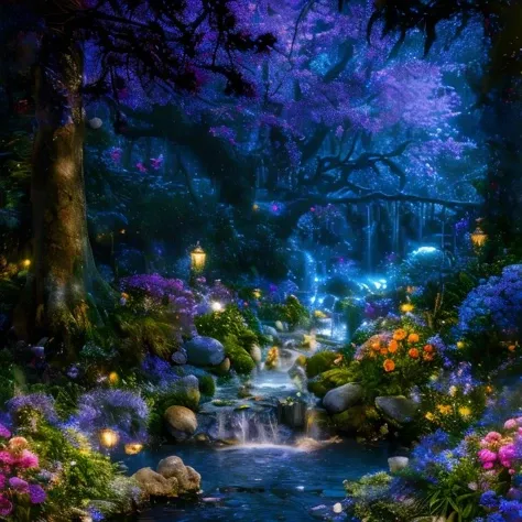 (masterpiece:1.2), (best quality,:1.2), 8k, HDR, ultra detailed, ((photorealistic)), professional light, cinematic lighting, fashion photography, ambient lighting, <lora:detail_slider_v4:2>, a fantasy forest with magical lights, flowers, a small stream, at night, FeyFa, <lora:FeyAndFairies-10:1>, epiCPhoto