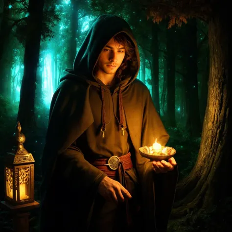 closeup of a man on a pilgrimage to a forest shrine, hooded cloak, forest trail, cyan lighting, <lora:FeyAndFairies-10:0.8> feyfa, fantasy, magical lights