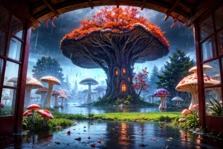 from a window, giant tree in the middle, thick branches, <lora:FeyAndFairies-10:0.7> FeyFa, (red and purple leaves), white flowers, mushrooms, storm clouds, rain, puddles, <lora:add_detail:0.6>, fog