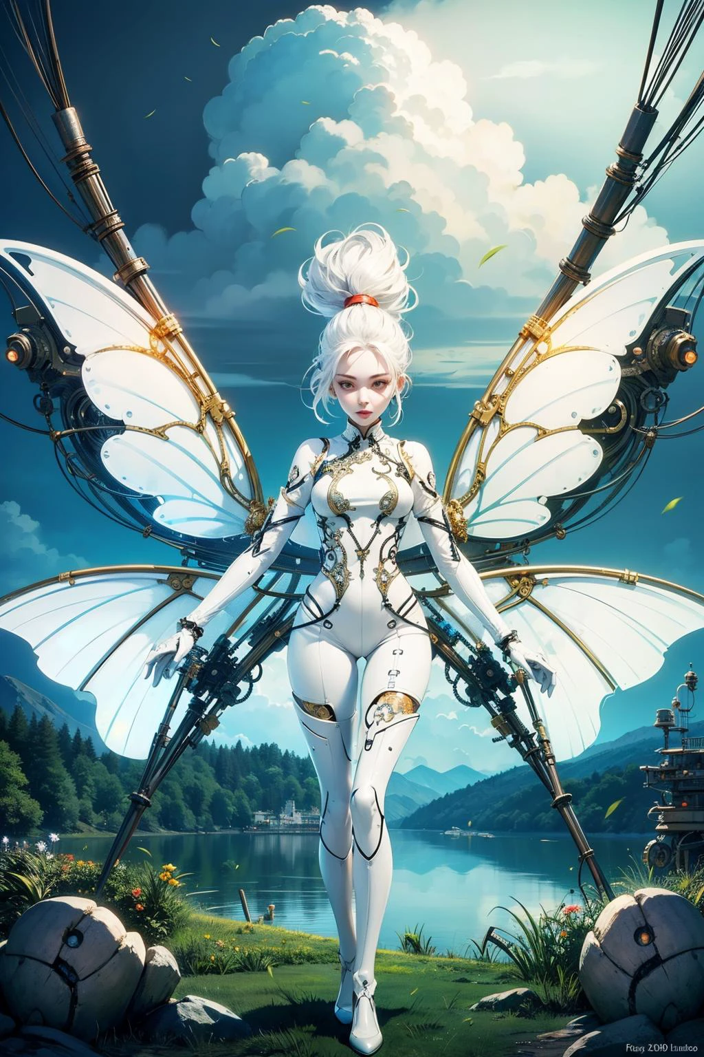 a female android, athletic, white hair, high ponytail, colored skin, (white skin:1.4), porcelain, tight bodysuit, white plastic, see through, long skirt, ornate, (joints:1.1), wires, <lora:reelmech1v2:0.6> (mechanical parts), <lora:FeyAndFairies:0.75> FeyFa, fairy wings, sky, storm clouds, grass, lake, lights